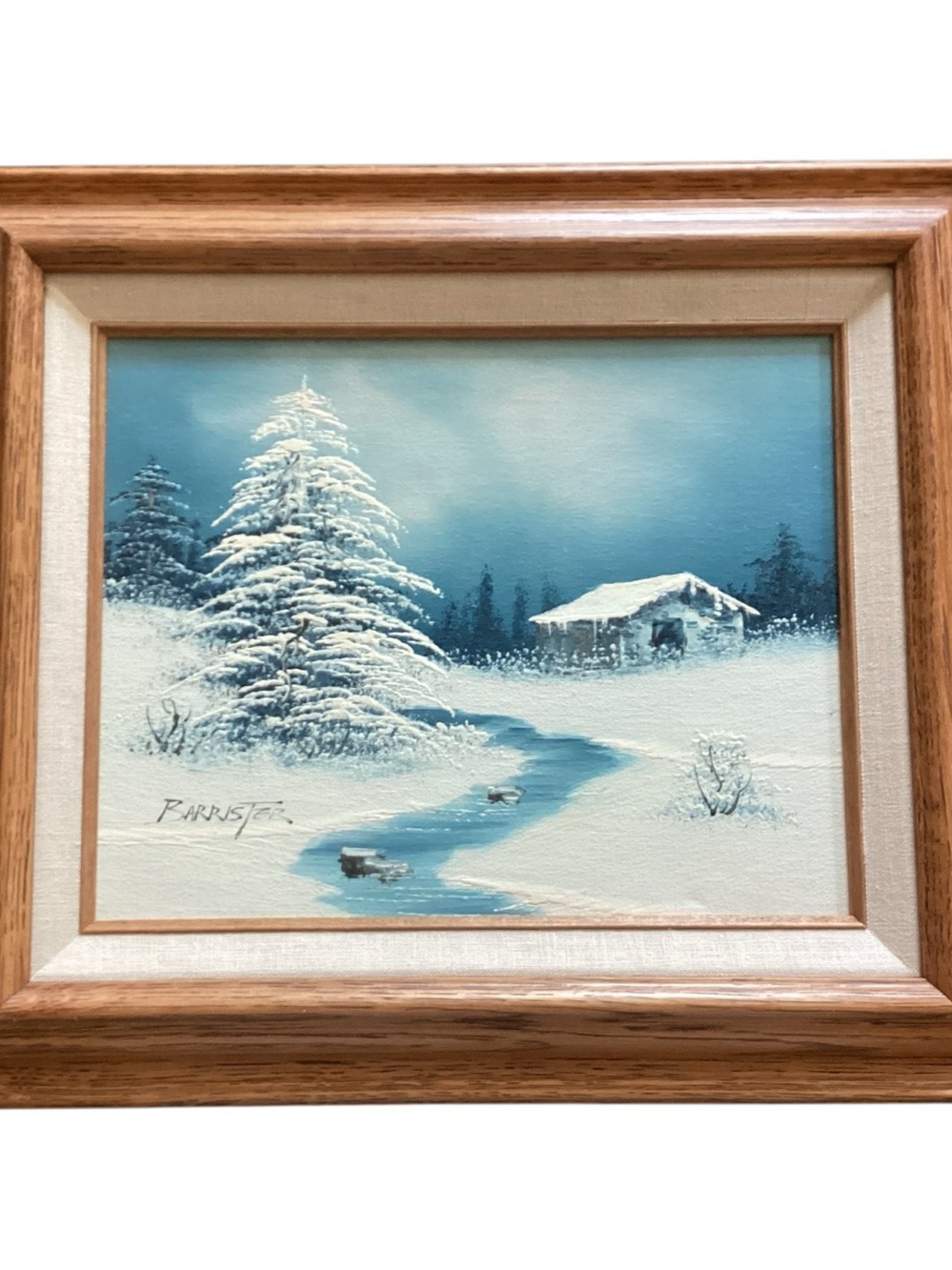 Vintage 80’s Winter Cabin Snow Landscape Painting Framed Signed 12” x 14”